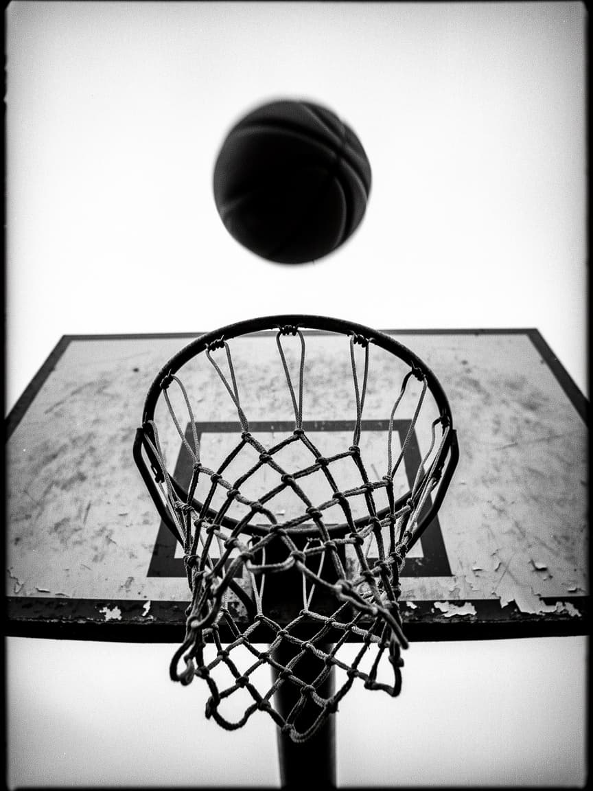 Looking up through a worn chain net as a ball drops toward the rim