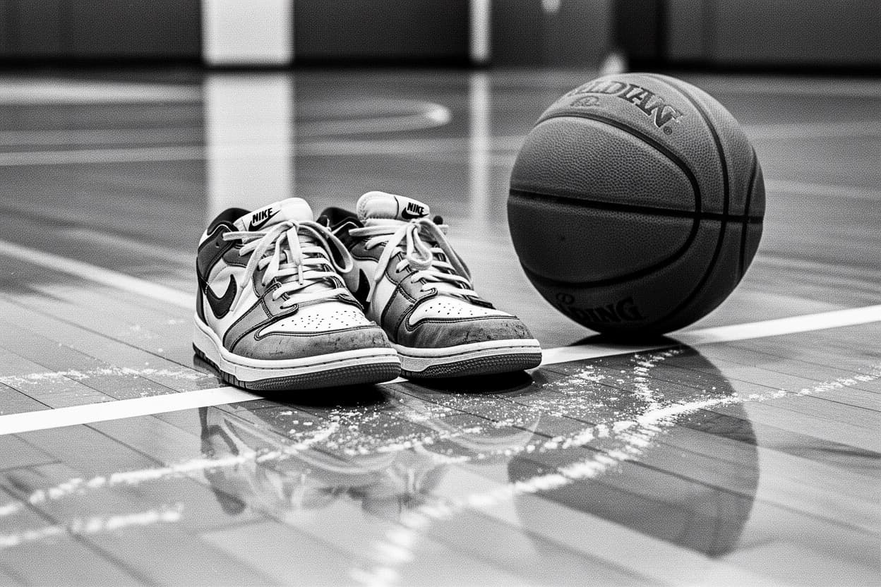 Worn sneakers on a gym floor at the free-throw line