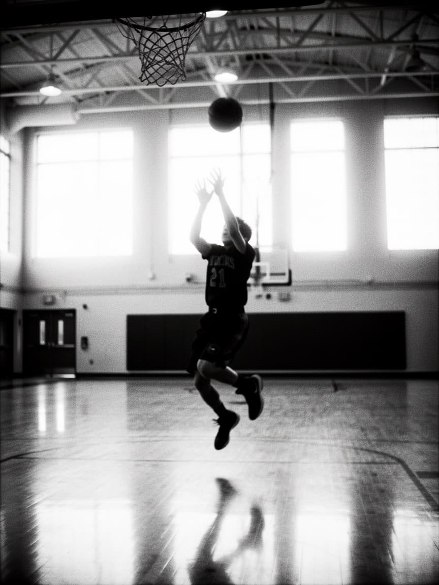A player mid jump-shot in an empty gym
